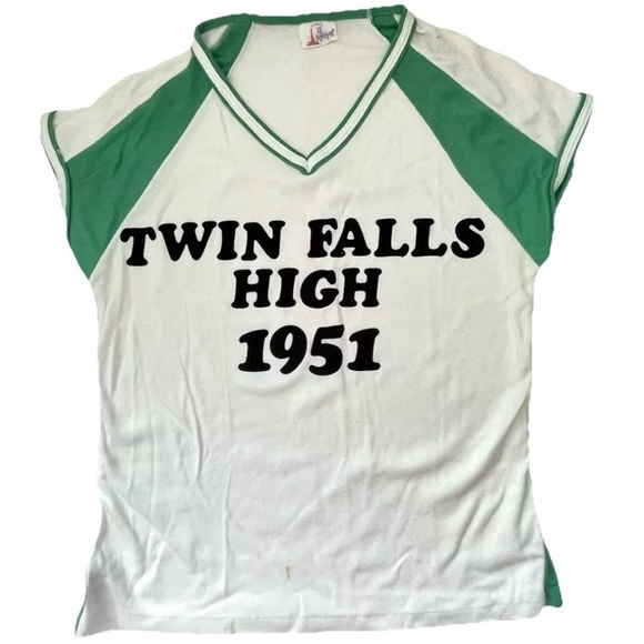 Vintage 1970’s Le Riche V-Neck Ringer Tee, Twin Falls High 1951, USA Made Shirt - Picture 2 of 10